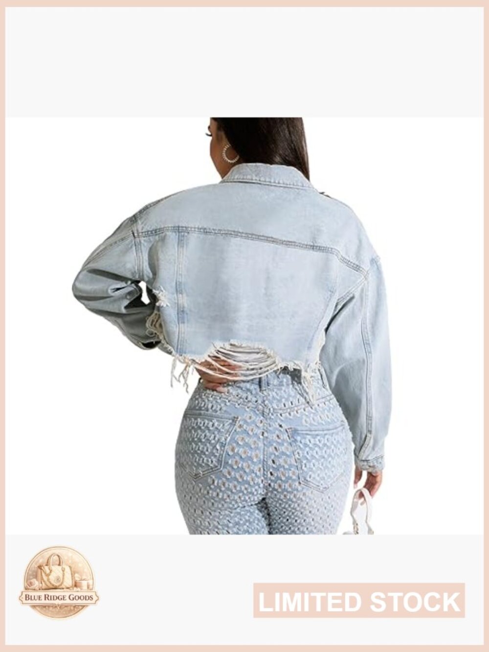 Cropped Denim Jacket Ripped Distressed Frayed Hem Vintage Chic Casual Wear - Picture 2 of 6